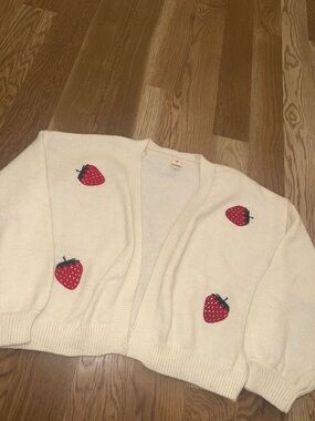 Ijoah Open-Front Strawberry Embroidery Cardigan